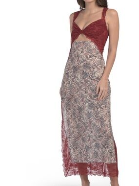 Free People Suddenly Fine Red Lace Bodice Floral Slip Dress